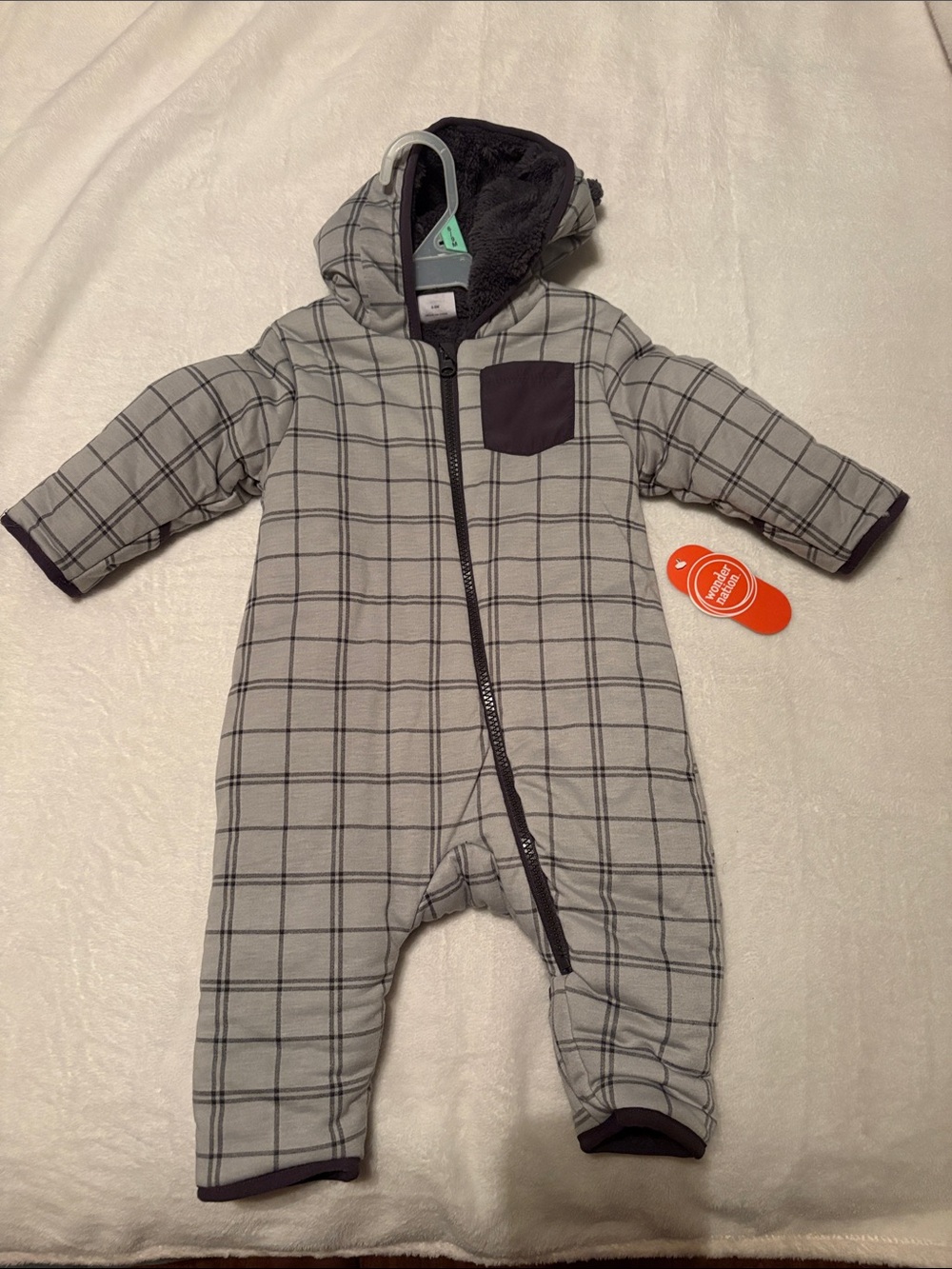 Gray Plaid Hooded Quilted One-Piece with Black Pocket New